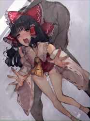Rule 34 | ascot, bad id, bad twitter id, black hair, blush, bottomless, bow, clothed sex, cum, cum in pussy, detached sleeves, drooling, hair bow, hair tubes, hakurei reimu, highres, mochacot, open mouth, sex, sketch, solo focus, touhou