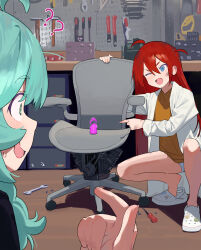 Rule 34 | 2girls, ?, afterimage, ahoge, aqua hair, blue eyes, blush, brown shirt, chair, crocs, dildo, dirty, dirty face, dirty hands, engine, full body, green eyes, hair between eyes, hammer, hand up, heel up, highres, hipa (some1else45), lab coat, legs, long hair, long sleeves, motion blur, multiple girls, nahia (some1else45), no pants, office chair, one eye closed, open mouth, original, pointing, pointing at self, red eyes, screwdriver, sex machine, sex toy, shadow, shirt, some1else45, squatting, swivel chair, tools, wavy mouth, worried, wrench