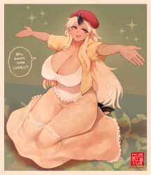 Rule 34 | 1girl, beret, black footwear, black horns, blonde hair, blush, breasts, brown dress, cleavage, collarbone, commentary, commission, dress, english commentary, english text, fang, frilled dress, frills, full body, hat, horns, huge breasts, jacket, kneeling, long dress, long hair, looking at viewer, monster musume no iru nichijou, oni horns, open mouth, pink eyes, pointy ears, red hat, sidelocks, single horn, solo, tan, tionishia, uni (oni unicorn), yellow jacket