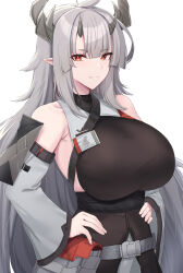 Rule 34 | 1girl, absurdres, arknights, bare shoulders, belt, black shirt, breasts, commentary, detached sleeves, english commentary, fang, grey belt, grey hair, hands on own hips, highres, horns, huge breasts, kanta (kanta 077), long hair, looking at viewer, matoimaru (arknights), pointy ears, red eyes, shirt, simple background, smile, solo, sparkle, upper body, very long hair, white background
