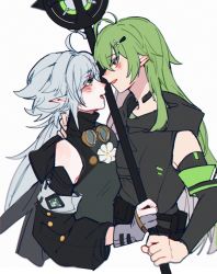 Rule 34 | 2girls, ahoge, antenna hair, arknights, arm around shoulder, black shirt, black sleeves, blush, boutonniere, d-pad, d-pad hair ornament, detached sleeves, eye contact, face-to-face, flower, gavial (arknights), gloves, goggles, goggles around neck, green shirt, grey gloves, hair ornament, hairclip, highres, holding, holding staff, hood, hood down, hooded shirt, looking at another, multiple girls, open mouth, partially fingerless gloves, pointy ears, shirt, simple background, sleeveless, sleeveless shirt, staff, tomimi (arknights), upper body, white background, white flower, xiao lu, yellow eyes, yuri