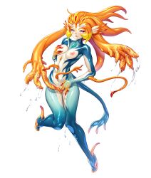 Rule 34 | 1girl, absurdres, blush, breasts, colored skin, full body, highres, lilith-soft, medium breasts, monster girl, nipples, official art, orange hair, red eyes, shiny skin, solo, tail, taimanin (series), taimanin rpgx, tentacle hair, untitled (taimanin), zol