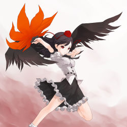 Rule 34 | 1girl, :o, black hair, black wings, bobby socks, breasts, expressionless, female focus, frills, hat, kazuoki, looking at viewer, outstretched arm, red eyes, ribbon, shameimaru aya, skirt, small breasts, socks, solo, standing, standing on one leg, tengu, tokin hat, touhou, wings