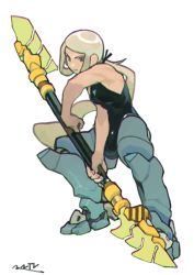 Rule 34 | 1girl, artist name, breasts, full body, holding, holding lance, holding polearm, holding weapon, lance, legs, long hair, looking at viewer, mechanical, mechanical legs, nanora, original, parted lips, polearm, ponytail, sidelocks, silver hair, simple background, sleeveless, solo, standing, weapon, white background