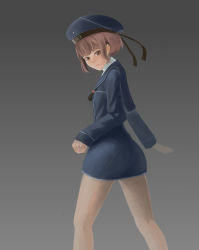 Rule 34 | 10s, 1girl, absurdres, bad id, bad pixiv id, brown eyes, brown hair, clenched hand, cowboy shot, gradient background, grey background, harinezumi, hat, highres, kantai collection, kneepits, lips, long sleeves, looking at viewer, looking to the side, neckerchief, no pants, nose, sailor collar, sailor hat, short hair, sleeves past wrists, smile, solo, walking, z3 max schultz (kancolle)