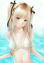 Rule 34 | 1girl, bad id, bad pixiv id, bikini, black ribbon, blonde hair, blue eyes, breasts, closed mouth, collarbone, dead or alive, dead or alive 5, hair ornament, hair ribbon, head tilt, long hair, looking at viewer, marie rose, nannacy7, navel, ribbon, small breasts, smile, solo, swimsuit, twintails, underboob, water, white bikini, x hair ornament