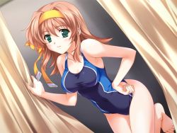 Rule 34 | 1girl, barefoot, competition swimsuit, curtain grab, curtains, dressing room, game cg, green eyes, hair ribbon, hairband, long hair, non-web source, one-piece swimsuit, one eye closed, orange hair, reconquista, ribbon, solo, swimsuit, wink, yoshimori masaki