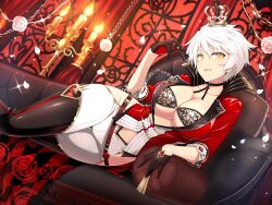 Rule 34 | 1girl, breasts, candlestand, chain, chess piece, cleavage, cosplay, crown, flower, gloves, highres, indoors, large breasts, looking at viewer, lying on object, miyabi (senran kagura), navel, official art, pawn (chess), queen of hearts (alice in wonderland), queen of hearts (cosplay), rose, senran kagura, senran kagura new link, short hair, star (sky), white hair, yellow eyes