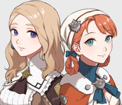 Rule 34 | 2girls, alternate hairstyle, annette fantine dominic, ascot, blush, braid, braided hair rings, breasts, brown ascot, brown dress, cape, cleavage, closed mouth, commentary, dress, earrings, fire emblem, fire emblem: three houses, fire emblem warriors: three hopes, frills, fur-trimmed cape, fur trim, green eyes, grey background, hair rings, head scarf, highres, jewelry, light brown hair, lips, looking at viewer, medium breasts, medium hair, mercedes von martritz, multiple girls, nintendo, official alternate costume, official alternate hairstyle, orange cape, orange hair, parted bangs, parted lips, peach11 01, purple eyes, side-by-side, simple background, smile, swept bangs, turtleneck, twitter username, upper body