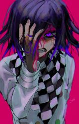 Rule 34 | 1boy, anger vein, bad id, bad twitter id, blood, blood on face, checkered clothes, checkered neckwear, checkered scarf, clenched teeth, commentary request, danganronpa (series), danganronpa v3: killing harmony, gradient hair, hair between eyes, hand in own hair, hand on own face, highres, joh pierrot, long sleeves, looking at viewer, male focus, multicolored hair, oma kokichi, pink background, pink blood, purple eyes, purple hair, revision, scarf, signature, simple background, solo, straitjacket, teeth, upper body
