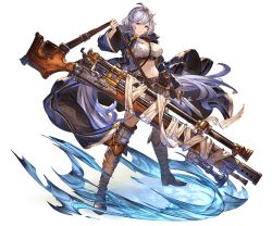 Rule 34 | 10s, 1girl, belt, belt pouch, braid, breasts, brown eyes, cleavage, detached sleeves, full body, granblue fantasy, gun, holding, holding weapon, huge weapon, knife, large breasts, long coat, long hair, looking at viewer, midriff, minaba hideo, navel, official art, pouch, rifle, silva (granblue fantasy), silver hair, skirt, solo, thighhighs, transparent background, very long hair, weapon, wide sleeves
