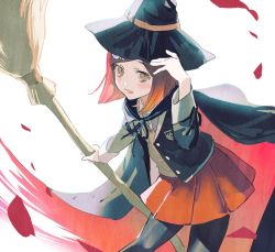 Rule 34 | 1girl, black cape, black hat, black pantyhose, broom, brown eyes, cape, danganronpa (series), danganronpa v3: killing harmony, dress shirt, grey shirt, hair ornament, hat, highres, holding, holding broom, jacket, jijon (zzonegirl), long sleeves, open mouth, pantyhose, petals, pleated skirt, red cape, red hair, red skirt, shirt, short hair, simple background, skirt, smile, solo, two-sided cape, two-sided fabric, white shirt, witch hat, yumeno himiko