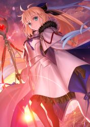 Rule 34 | 1girl, ahoge, armor, blonde hair, blue eyes, breastplate, dress, fate/grand order, fate (series), feet out of frame, gloves, hair between eyes, holding, holding staff, long hair, long sleeves, looking at viewer, official art, outdoors, pantyhose, ponytail, smile, solo, staff, takeuchi takashi, aesc (fate), very long hair
