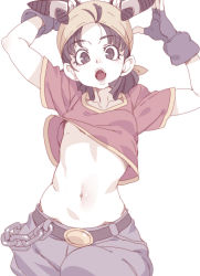 Rule 34 | 1girl, :d, bandana, belt, belt bucklet, black eyes, black gloves, black hair, breasts, chain, dragon ball, dragonball z, fingerless gloves, giru (dragon ball), gloves, grey pants, highres, jumping, looking at viewer, midriff, navel, on head, open mouth, pale color, pan (dragon ball), pants, red shirt, shirt, short hair, simple background, small breasts, smile, solo, t-shirt, tasaka shinnosuke, underboob, white background, wide hips