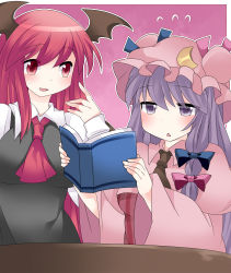 Rule 34 | 2girls, ascot, blush, book, capelet, crescent, dress shirt, hammer (sunset beach), hat, head wings, koakuma, long hair, multiple girls, open book, open mouth, patchouli knowledge, purple eyes, purple hair, reading, red eyes, red hair, shirt, smile, table, touhou, triangle mouth, upper body, wings
