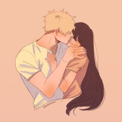 Rule 34 | 1boy, 1girl, black hair, blonde hair, blush, brown shirt, closed eyes, couple, hand on another&#039;s chest, hand on another&#039;s shoulder, hetero, highres, isahnas, kiss, long hair, parted lips, shirt, short hair, short sleeves, smile, spy x family, t-shirt, twilight (spy x family), upper body, white shirt, yor briar
