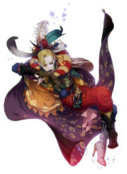 Rule 34 | 1990s (style), 1boy, blonde hair, cape, cefca palazzo, clown, feathers, final fantasy, final fantasy vi, hat, high heels, highres, male focus, nshi, pale skin, pointy ears, shoes, solo