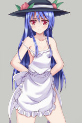 Rule 34 | 1girl, :c, apron, bad id, bad pixiv id, bare arms, bare shoulders, blue hair, blush, breasts, closed mouth, collarbone, food, fruit, grey background, hat, highres, hinanawi tenshi, long hair, looking at viewer, naked apron, off shoulder, peach, red eyes, simple background, small breasts, solo, strap slip, touhou, very long hair, wendell