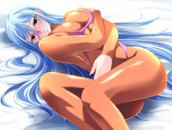 Rule 34 | 1girl, aoi nagisa (metalder), bikini, blue hair, blush, bodysuit, breast hold, breasts, chunsoft, crossed arms, dragon quest, dragon quest iii, enix, large breasts, latex, latex suit, legs, long hair, pink eyes, priest (dq3), revealing swimsuit (dq), shiny clothes, skin tight, slingshot swimsuit, solo, swimsuit, thighs, very long hair