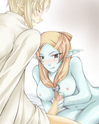 Rule 34 | 1boy, 1girl, arms behind back, blonde hair, blue skin, blush, breasts, censored, clenched teeth, colored skin, cum, cum on body, cum on breasts, cum on upper body, erection, fang, front ponytail, handjob, hetero, link, microspace, midna, midna (true), mosaic censoring, nintendo, nipples, nude, orange hair, penis, pointy ears, red eyes, spoilers, teeth, the legend of zelda, the legend of zelda: twilight princess, urethral fingering