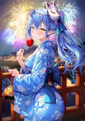 Rule 34 | 1girl, absurdres, bag, blue hair, blurry, blurry background, blush, breasts, candy apple, fireworks, floral print, food, hair ornament, hairclip, high ponytail, highres, holding, holding food, hololive, japanese clothes, kimono, looking at viewer, mask, mask on head, medium breasts, night, night sky, outdoors, pointy ears, ponytail, rin yuu, scan, simple background, sky, solo, virtual youtuber, wide sleeves, yellow eyes, yukihana lamy, yukihana lamy (new year)