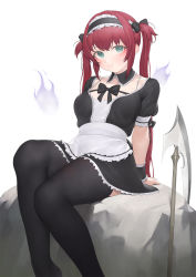 Rule 34 | 1girl, airi (queen&#039;s blade), apron, black bow, black collar, black dress, black thighhighs, blue eyes, blush, bow, breasts, cleavage, closed mouth, collar, commentary, detached collar, dress, feet out of frame, frilled apron, frills, hair bow, highres, hitodama, long hair, looking at viewer, maid, maid apron, maid headdress, medium breasts, ni (221), puffy short sleeves, puffy sleeves, queen&#039;s blade, red hair, rock, scythe, short sleeves, sitting, smile, solo, thighhighs, twintails, waist apron, white apron, wrist cuffs