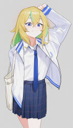 Rule 34 | 1girl, arm up, bag, blonde hair, blue eyes, blue jacket, blue necktie, blue skirt, chilakkk, closed mouth, collared shirt, commentary, green hair, grey background, highres, jacket, long hair, looking at viewer, multicolored hair, necktie, open clothes, open jacket, plaid, plaid skirt, pleated skirt, school uniform, shirt, shirt tucked in, shoulder bag, signature, skirt, sleeves past wrists, solo, streaked hair, white bag, white shirt, yamanouchi kano, yoru no kurage wa oyogenai