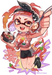 Rule 34 | 1girl, :d, black footwear, black hairband, black shorts, bowl, breasts, chili pepper, commentary request, crop top, food, full body, hairband, highres, holding, holding bowl, holding spoon, inkling, inkling girl, inkling player character, mapo tofu, midriff, navel, nintendo, open mouth, print shirt, shina shina, shirt, shoes, short hair, short shorts, shorts, sleeveless, sleeveless shirt, smile, solo, sparkle, splatoon (series), splatoon 3, spoon, sweat, teeth, tentacle hair, upper teeth only, white background, yellow eyes
