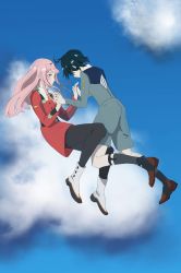 Rule 34 | 10s, 1boy, 1girl, absurdres, black hair, black pantyhose, blush, boots, brown footwear, cloud, cloudy sky, commentary request, couple, darling in the franxx, falling, floating, fringe trim, green eyes, hair ornament, hairband, hetero, highres, hiro (darling in the franxx), holding hands, horns, long hair, long sleeves, looking at viewer, military, military uniform, mystery-s, necktie, oni horns, orange neckwear, pantyhose, pink hair, red horns, red neckwear, shoes, short hair, sky, socks, uniform, white footwear, white hairband, zero two (darling in the franxx)