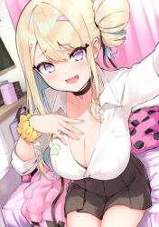 Rule 34 | 1girl, absurdres, bed, bed sheet, blonde hair, blue eyes, breasts, choker, cleavage, collarbone, fingernails, hair bun, hair ornament, hairclip, hanamomo yae (hisen kaede), hand on own chest, hand up, highres, hisen kaede, indoors, large breasts, long hair, looking at viewer, nail polish, open mouth, original, pleated skirt, scan, scrunchie, simple background, sitting, skirt, sleeves rolled up, smile, solo, teeth, wrist scrunchie