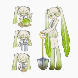 Rule 34 | 1girl, bare shoulders, black necktie, bowl, cabbage, closed eyes, collared shirt, commentary, cooking pot, cutting board, detached sleeves, dirty, dirty clothes, dirty face, food, food-themed hair, green eyes, green hair, hair ornament, hatsune miku, headphones, headset, highres, holding, holding knife, knife, long hair, mill gyunu, multicolored hair, multiple views, necktie, shirt, shovel, simple background, skirt, sleeveless, sleeveless shirt, spoon, standing, symbol-only commentary, thighhighs, twintails, very long hair, vocaloid