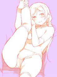 Rule 34 | 1girl, blush, breasts, choker, duke (inu daimyou), grin, hair ornament, hair scrunchie, hands on own leg, large breasts, leg lift, long hair, looking at viewer, love live!, love live! school idol project, monochrome, navel, panties, purple theme, scrunchie, sitting, sketch, smile, solo, thighhighs, topless, tojo nozomi, twintails, underwear, underwear only