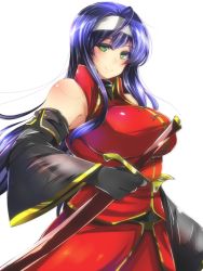 Rule 34 | 1girl, alternate breast size, bare shoulders, black gloves, blue hair, blush, breasts, detached sleeves, en (paorasuteki), fire emblem, fire emblem: path of radiance, gloves, green eyes, hairband, highres, holding, holding sword, holding weapon, large breasts, long hair, mia (fire emblem), nintendo, purple hair, smile, solo, sword, upper body, weapon