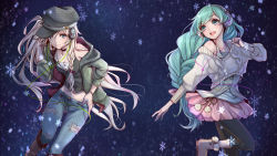 Rule 34 | 2girls, :d, aqua hair, bad id, bad pixiv id, black legwear, blue eyes, denim, hand on headphones, hand on own hip, hat, hatsune miku, headphones, highres, ia (vocaloid), jeans, long hair, masami chie, multiple girls, open mouth, pants, pantyhose, silver hair, simple background, skirt, smile, snowflakes, twintails, very long hair, vocaloid