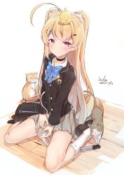 Rule 34 | 1girl, absurdres, ahoge, animal, animal on head, asla yu, azur lane, bag, between legs, bird, bird on head, black bag, black choker, black footwear, black jacket, blonde hair, blue bow, blue bowtie, blush, bow, bowtie, breasts, buttons, cat, choker, collared shirt, commentary request, dated, eldridge (azur lane), facial mark, hair ornament, hairclip, headpat, highres, jacket, long hair, long sleeves, looking at viewer, multiple cats, on head, pleated skirt, red eyes, shirt, shoes, signature, sitting, skirt, small breasts, socks, solo, striped bow, striped bowtie, striped clothes, striped neckwear, twintails, very long hair, wariza, white background, white shirt, white socks, wooden floor