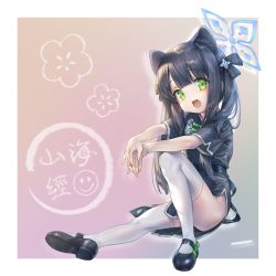 Rule 34 | 1girl, adashi makoto, animal ear fluff, animal ears, black dress, black footwear, black hair, blue archive, china dress, chinese clothes, convenient leg, dress, green eyes, highres, knee up, legs, long hair, looking at viewer, mary janes, open mouth, own hands together, ribbon, shoes, short dress, short sleeves, shun (blue archive), shun (small) (blue archive), sitting, smile, solo, thighhighs, thighs, tiger ears, tiger girl, twintails, white thighhighs