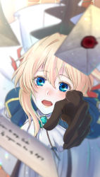 Rule 34 | 1girl, absurdres, arm up, blonde hair, blue eyes, blue jacket, blurry, blurry foreground, brown gloves, dress, from above, gloves, hair between eyes, hair ribbon, highres, jacket, kawasemi semi, letter, long sleeves, looking up, open mouth, red ribbon, ribbon, short hair with long locks, sidelocks, solo, violet evergarden, violet evergarden (series), white dress