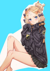 Rule 34 | 1girl, abigail williams (fate), abigail williams (traveling outfit) (fate), absurdres, bare legs, black bow, black jacket, black skirt, blonde hair, blue eyes, blush, bow, commentary request, dyneko, fate/grand order, fate (series), feet out of frame, hair bow, head tilt, heroic spirit traveling outfit, highres, jacket, long hair, looking at viewer, official alternate costume, orange bow, parted bangs, polka dot, polka dot bow, skirt, sleeves past fingers, sleeves past wrists, solo, very long hair