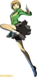 Rule 34 | 1girl, arc system works, atlus, bike shorts, brown eyes, brown hair, fighting stance, jacket, jersey, lowres, official art, persona, persona 4, persona 4: the ultimate in mayonaka arena, satonaka chie, short hair, skirt, socks, solo, track jacket, watermark