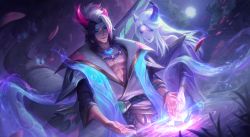 Rule 34 | 1boy, 1girl, abs, absurdres, alune (league of legends), aphelios, bead necklace, beads, black hair, blue horns, brother and sister, closed mouth, clothing request, dutch angle, flower, glowing, highres, horns, jewelry, kodama, league of legends, long hair, long sleeves, medium hair, moon, multicolored hair, necklace, night, official alternate costume, official art, outdoors, petals, pointy ears, red horns, second-party source, siblings, spirit blossom aphelios, tree, two-tone hair, wading, water, white hair