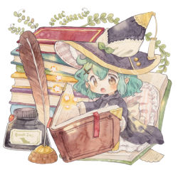 Rule 34 | 1girl, :o, ahoge, aqua hair, black cloak, blush, book, book stack, bookmark, bow, brown eyes, cloak, commentary request, frilled pillow, frills, green bow, hair ornament, hat, hat bow, holding, holding book, inkwell, mini person, minigirl, mokarooru, open book, original, painting (medium), pillow, pointy ears, quill, reading, short hair, solo, star (symbol), tassel, traditional media, watercolor (medium), witch, witch hat, x hair ornament