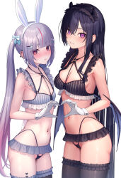 Rule 34 | 2girls, absurdres, animal ear hairband, animal ears, bikini, black bikini, black hair, black horns, black thighhighs, blush, bow, breasts, chest harness, demon girl, demon horns, demon wings, ear piercing, fake animal ears, frilled bikini, frilled thighhighs, frills, gloves, hair bow, hair ornament, hairband, hairclip, harness, heart, heart hands, heart o-ring, highleg, highleg bikini, highres, horns, ichinose uruha, lolita hairband, long hair, looking at viewer, low wings, medium breasts, multi-strapped bikini bottom, multicolored hair, multiple girls, navel, navel piercing, nikichiho, o-ring, piercing, purple eyes, purple hair, rabbit ear hairband, rabbit ears, red eyes, simple background, small breasts, smile, streaked hair, string bikini, striped bikini, striped clothes, swimsuit, tail, thighhighs, tosaki mimi, twintails, two-tone hair, vertical-striped bikini, vertical-striped clothes, very long hair, virtual youtuber, vspo!, white gloves, wings