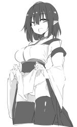 Rule 34 | 1girl, armpits, black hair, breasts, clothes lift, commentary, detached sleeves, greyscale, hat, japanese clothes, kamukamu (ars), kourindou tengu costume, looking at viewer, monochrome, obi, open mouth, panties, pelvic curtain, pelvic curtain lift, pointy ears, sash, shameimaru aya, short hair, side-tie panties, smile, solo, thighhighs, tokin hat, touhou, underwear