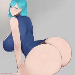 Rule 34 | 1girl, artist name, ass, bare shoulders, blue dress, blue eyes, blue hair, breasts, bulma, dragon ball, dress, grey background, huge ass, kisou (kisou00), large breasts, long hair, looking at viewer, sleeveless, solo, thick thighs, thighs, thong, wide hips