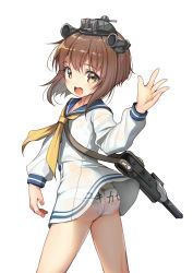 Rule 34 | 1girl, absurdres, adapted turret, ass, blue sailor collar, brown eyes, brown hair, cannon, clothes writing, cowboy shot, dress, headset, highres, kantai collection, looking at viewer, looking back, neckerchief, open mouth, panties, round teeth, sailor collar, sailor dress, short hair, solo, speaking tube headset, teeth, turret, underwear, upper teeth only, white panties, yashin (yasinz), yellow neckerchief, yukikaze (kancolle)