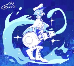 Rule 34 | 1girl, blue background, blue eyes, blue hair, boots, capelet, commentary, from side, full body, hat, highres, inkling, inkling girl, inkling player character, limited palette, medium hair, nautilus (splatoon), nintendo, peaked cap, pointy ears, solo, sparkle, splatoon (series), splatoon 3, tentacle hair, tokkibada, walking, white capelet, white footwear