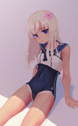 Rule 34 | 1girl, black neckerchief, blonde hair, blue eyes, blue one-piece swimsuit, blue sailor collar, crop top, flower, hair flower, hair ornament, highres, kantai collection, long hair, looking at viewer, neckerchief, one-piece swimsuit, one-piece tan, ro-500 (kancolle), sailor collar, school swimsuit, sitting, smile, solo, sui yamami, swimsuit, swimsuit under clothes, tan, tanline