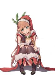 Rule 34 | 10s, 1girl, aqua eyes, black thighhighs, blush, breasts, brown hair, cape, clarisse (granblue fantasy), cleavage, full body, gloves, granblue fantasy, hat, high heels, holly, long hair, looking at viewer, midriff, mistletoe, parted lips, santa hat, sian, simple background, solo, squatting, thighhighs, white background