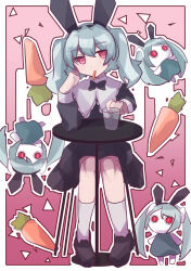 Rule 34 | 1girl, @ @, absurdres, aimaina, alternate eye color, alternate hair length, alternate hairstyle, animal ears, aqua hair, black dress, black footwear, blue hair, bow, carrot, cup, dress, eating, fake animal ears, floating, frills, hair between eyes, hatsune miku, head rest, highres, loafers, long hair, long sleeves, looking at viewer, loveit (vocaloid), pink background, rabbit ears, red eyes, shoes, sitting, socks, stool, table, twintails, vocaloid, white socks, yul mag