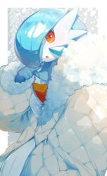 Rule 34 | alternate color, blue hair, bob cut, chikichi, coat, colored skin, creatures (company), fur-trimmed coat, fur trim, game freak, gardevoir, gen 3 pokemon, hair over one eye, highres, looking at viewer, multicolored skin, nintendo, open mouth, orange eyes, pokemon, pokemon (creature), shiny pokemon, two-tone skin, white skin, winter clothes, winter coat